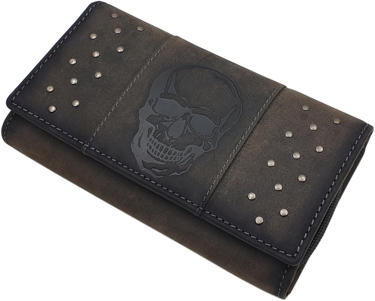 Grote Dames Portemonnee van Echt Buffelleer met Doodskop - RFID/NFC Bescherming